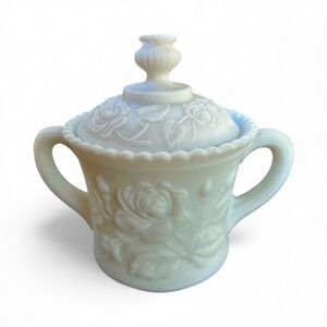 Vintage 1950’s Imperial White Milk Glass Open Rose Sugar Bowl Marked IG